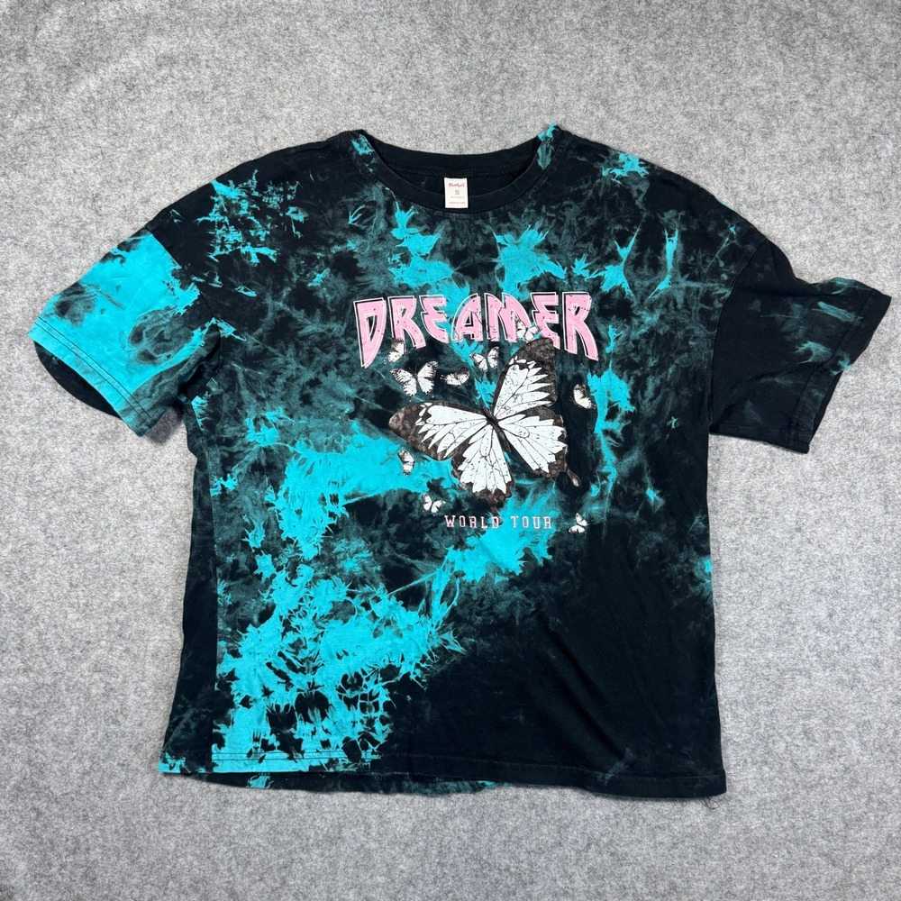 Romwe Womens Dreamer Butterfly Tie Dye Graphic T-Shirt Size S Black Teal Tour